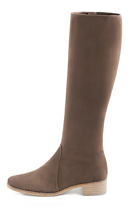 Chocolate brown women's riding knee-high boots. Round toe. Low leather soles. Made to measure. Profile view - Florence KOOIJMAN